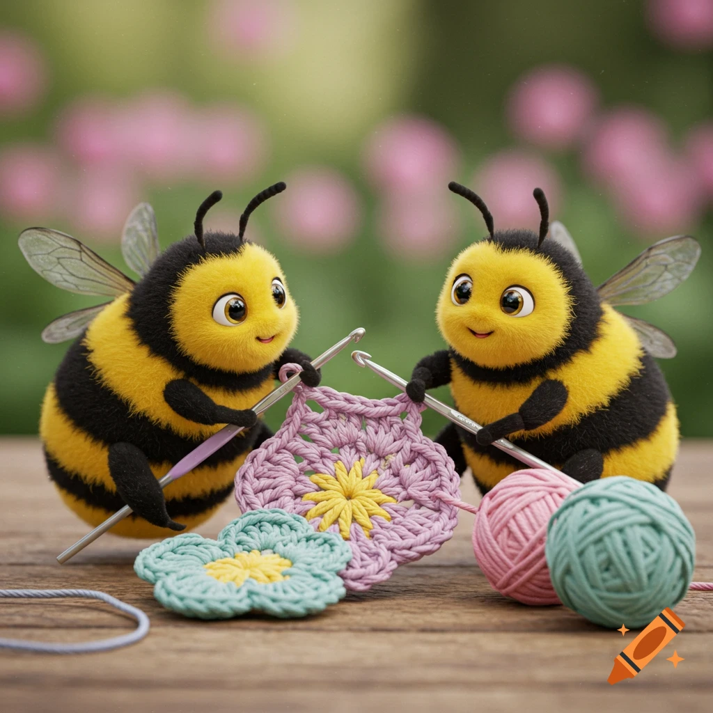 Two cute 3D-rendered bumblebees sitting on a wooden surface, crocheting a pink and yellow flower design with balls of yarn and a finished teal flower.