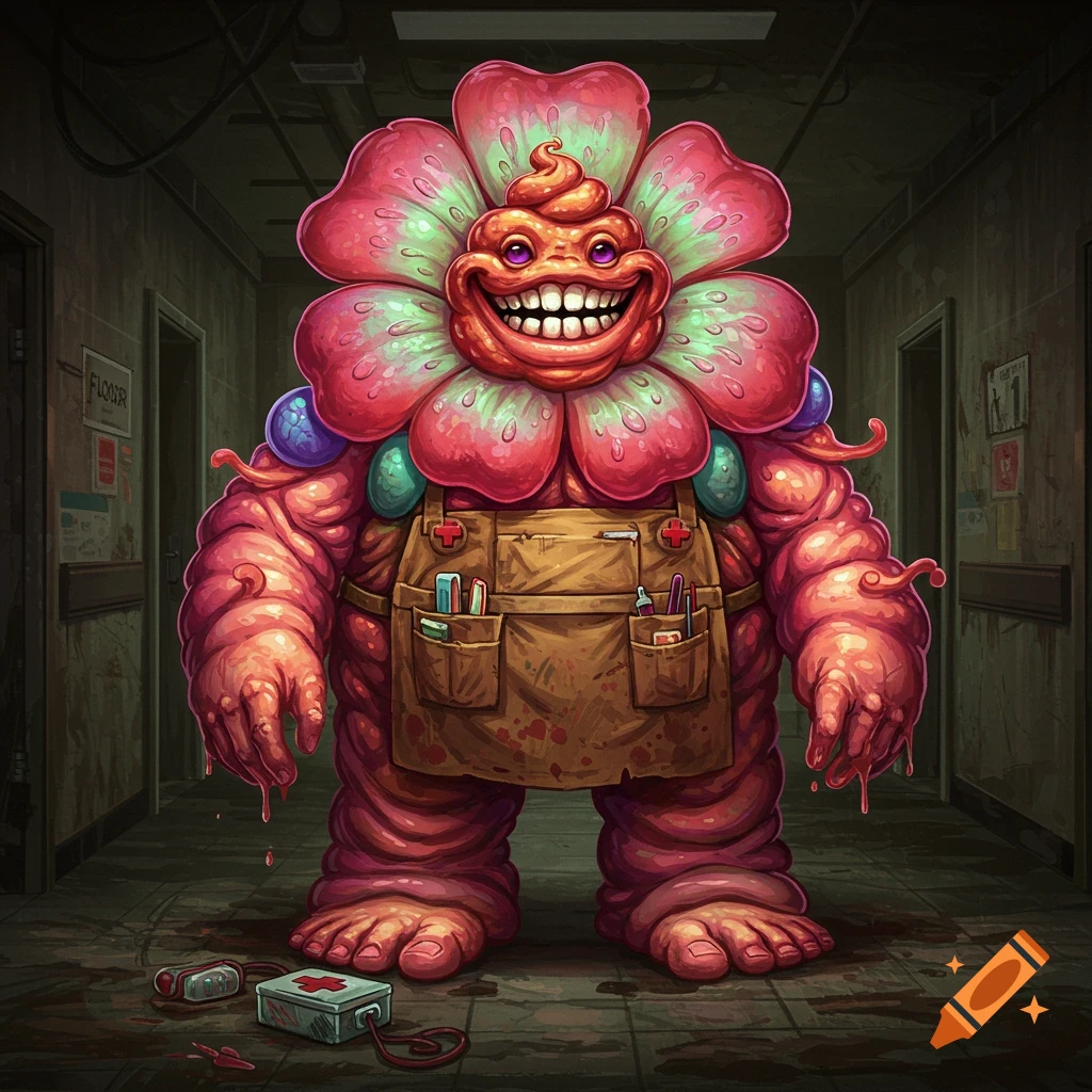 A grotesque flower creature with an apron stands in a grim corridor with blood and medkits.