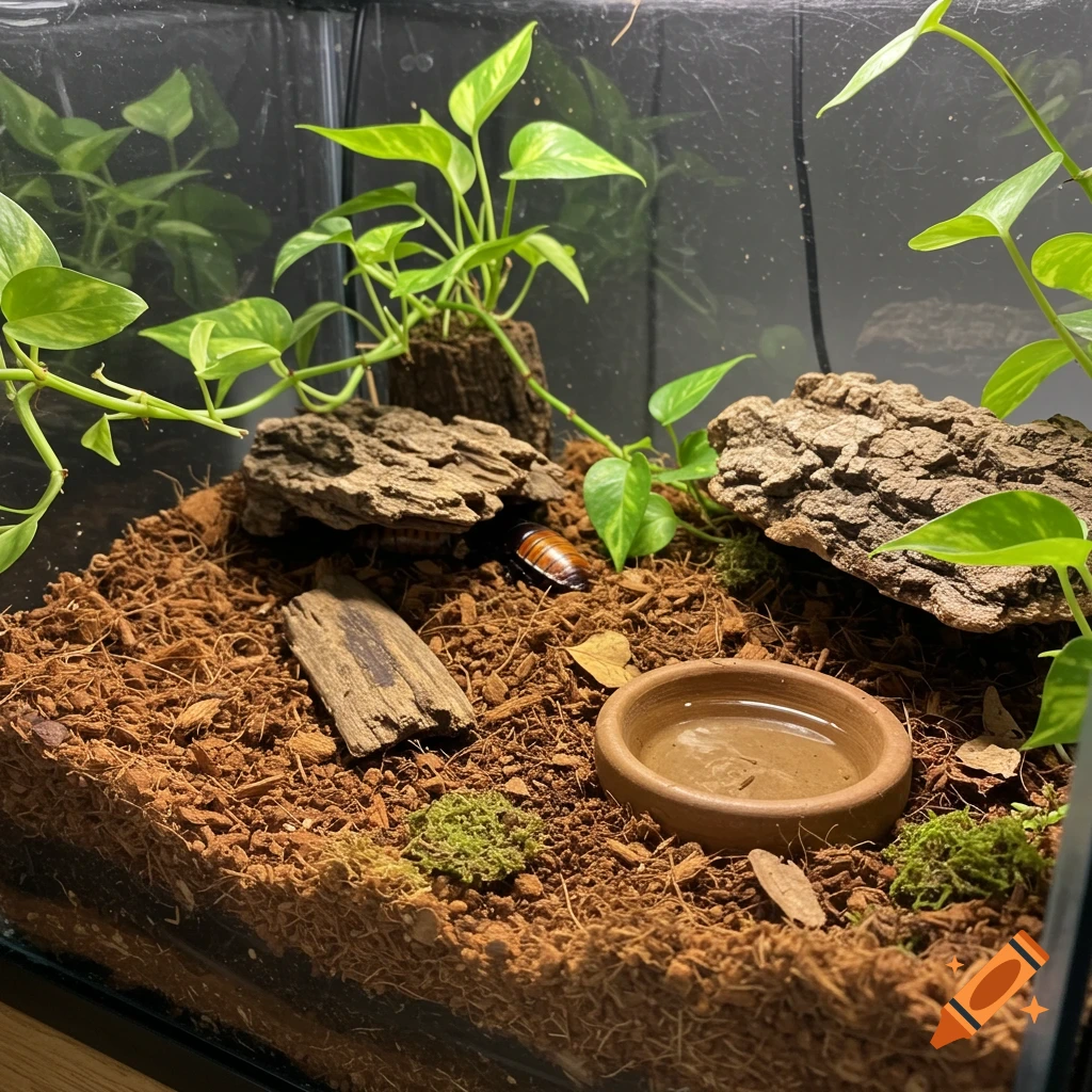 A Madagascar hissing cockroach sits on brown substrate in a terrarium with plants, rocks, and a water dish.