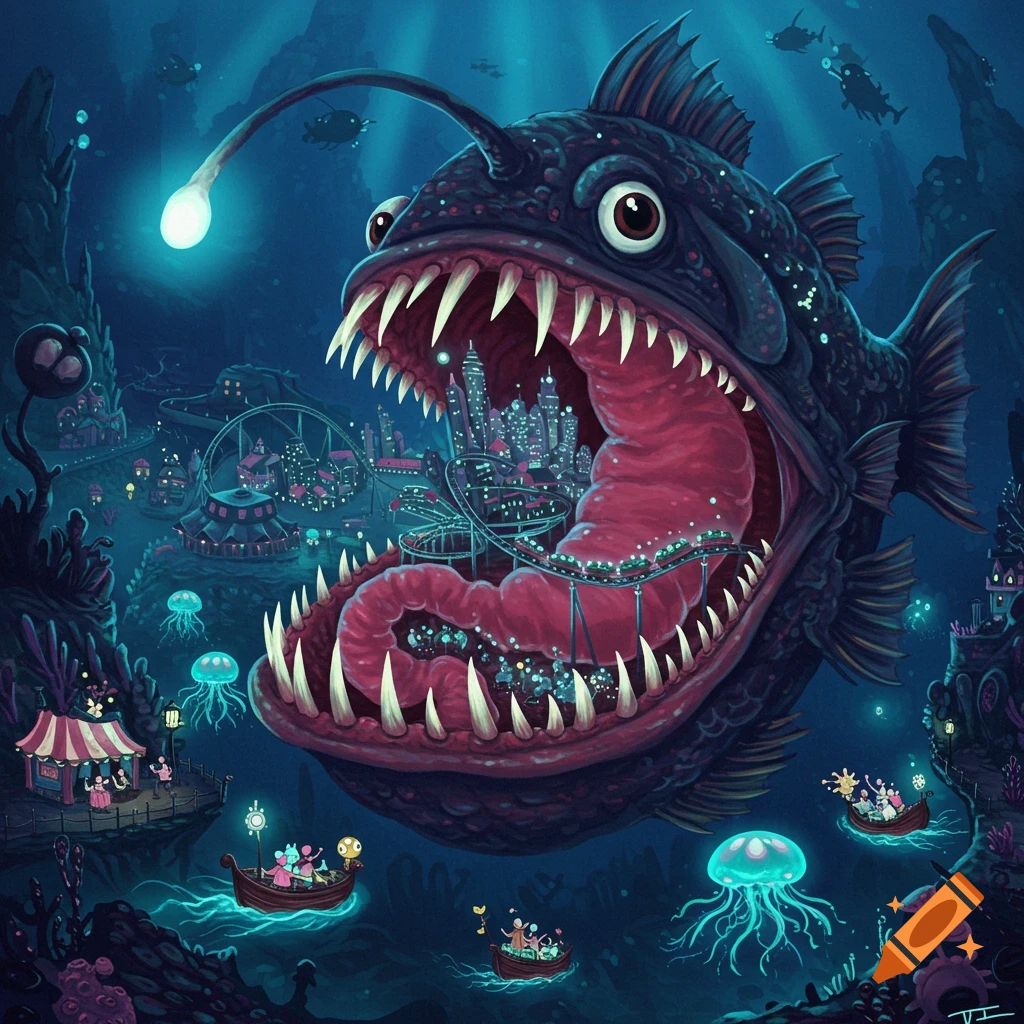 A giant anglerfish opens its mouth to reveal a fantasy underwater amusement park inside, with boats approaching.
