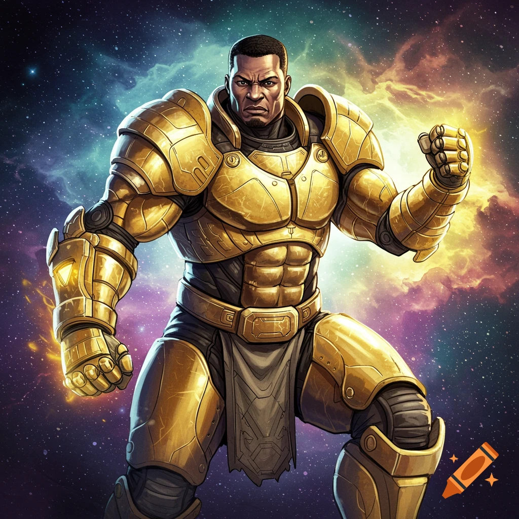 A person in golden futuristic armor stands against a backdrop of stars.