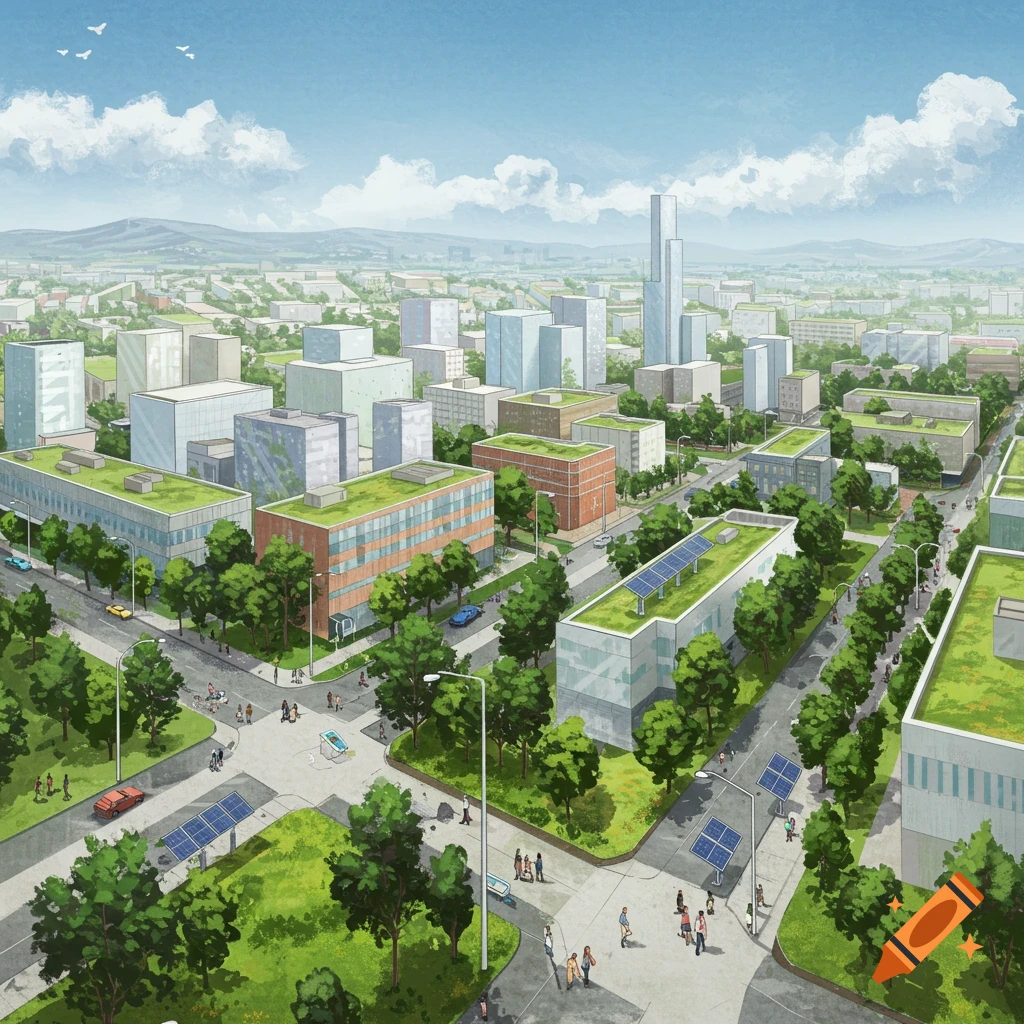A sustainable city with green roofs, trees, solar panels, and modern buildings.
