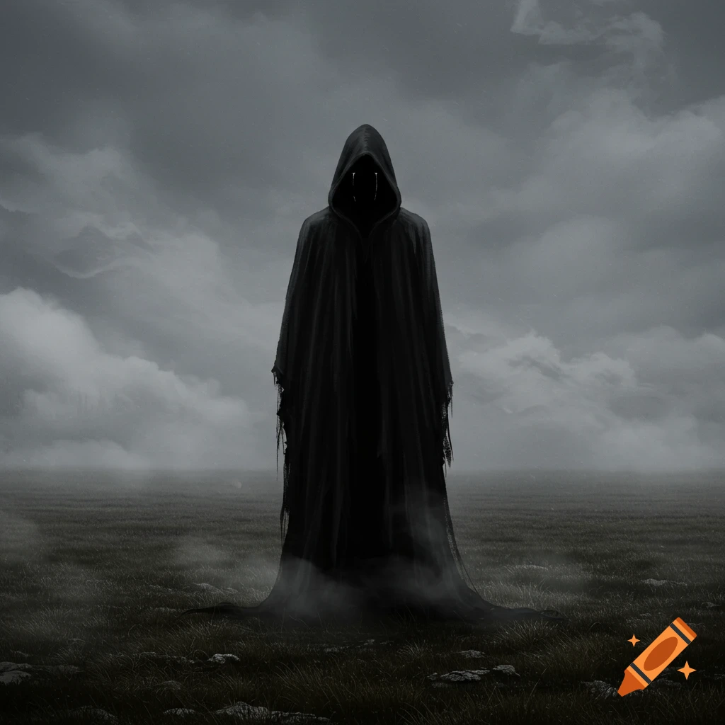 A lone dark cloaked figure stands in a misty field under a gray sky.