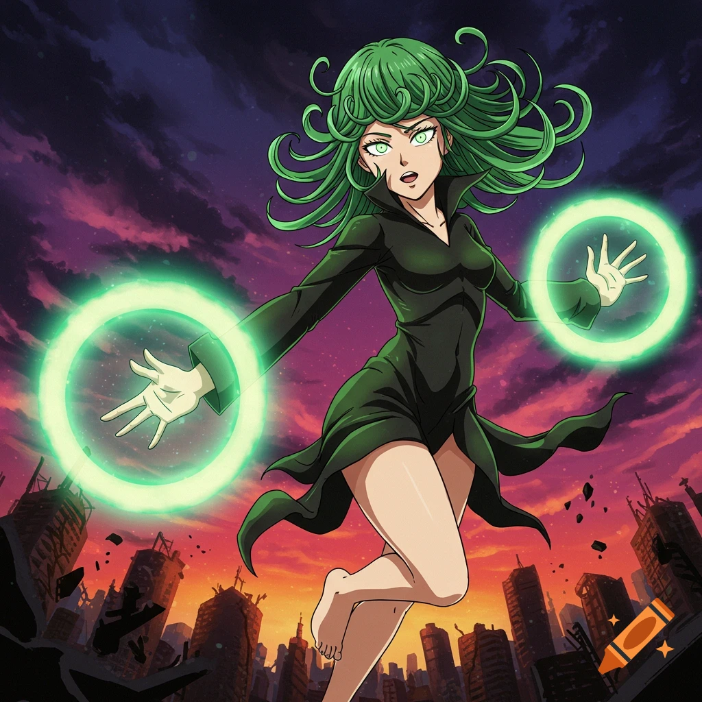 An anime character with green hair levitates over a ruined city with glowing green energy.