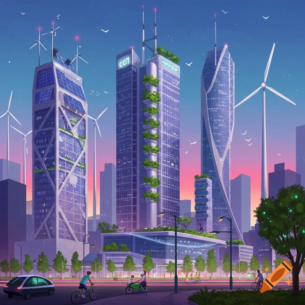 A futuristic, sustainable city with green buildings, solar panels, and wind turbines.