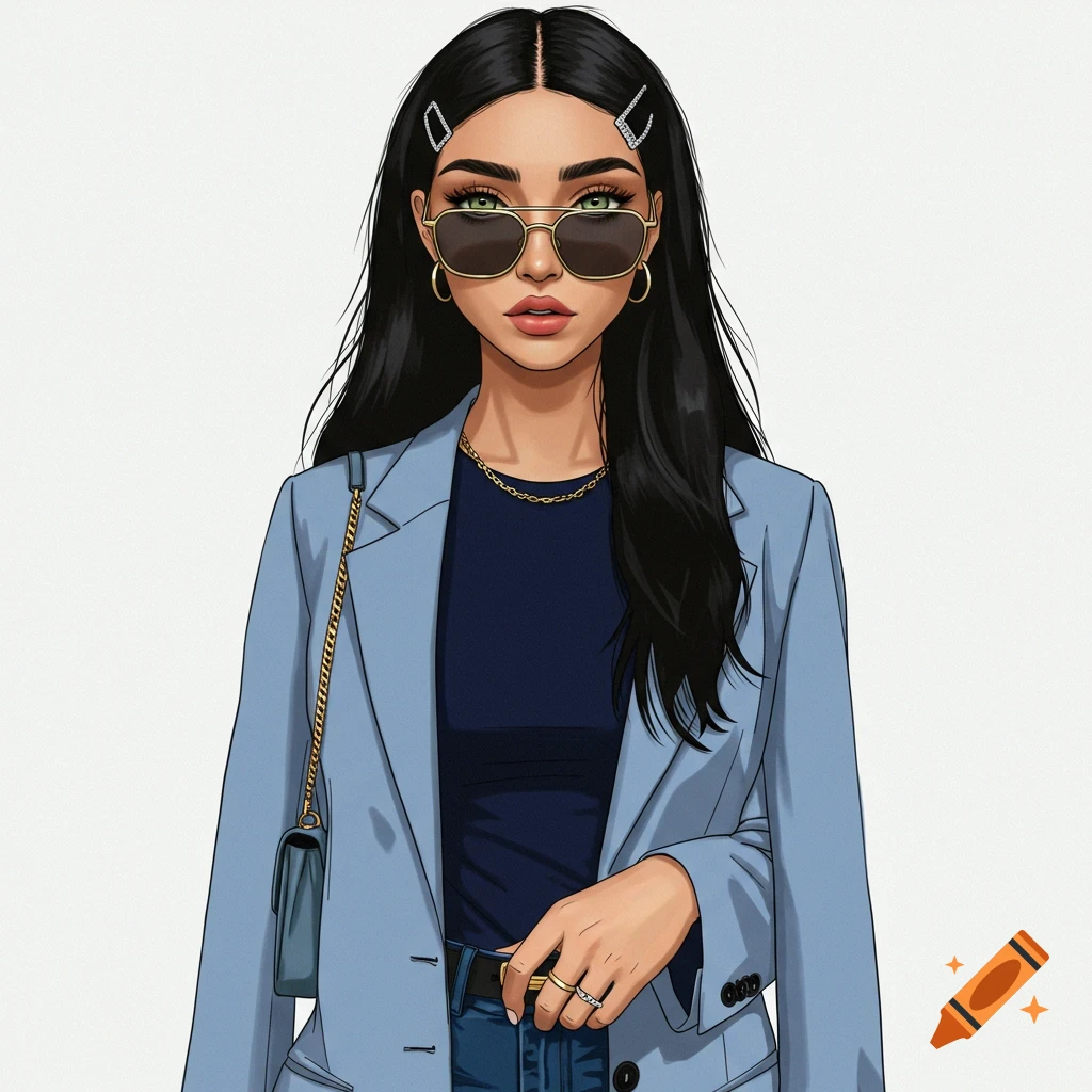 Stylized illustration of a woman in a blue blazer and sunglasses