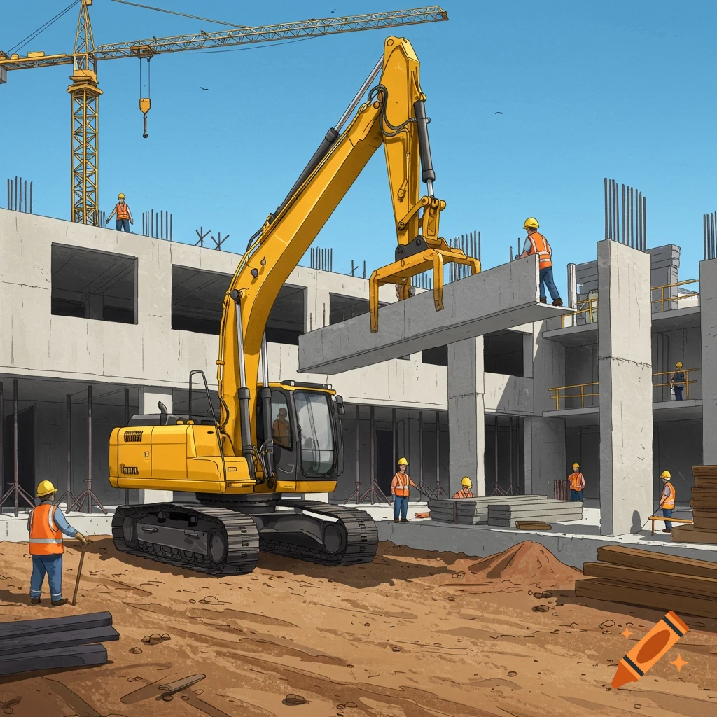 An excavator lifts a concrete slab on a construction site.
