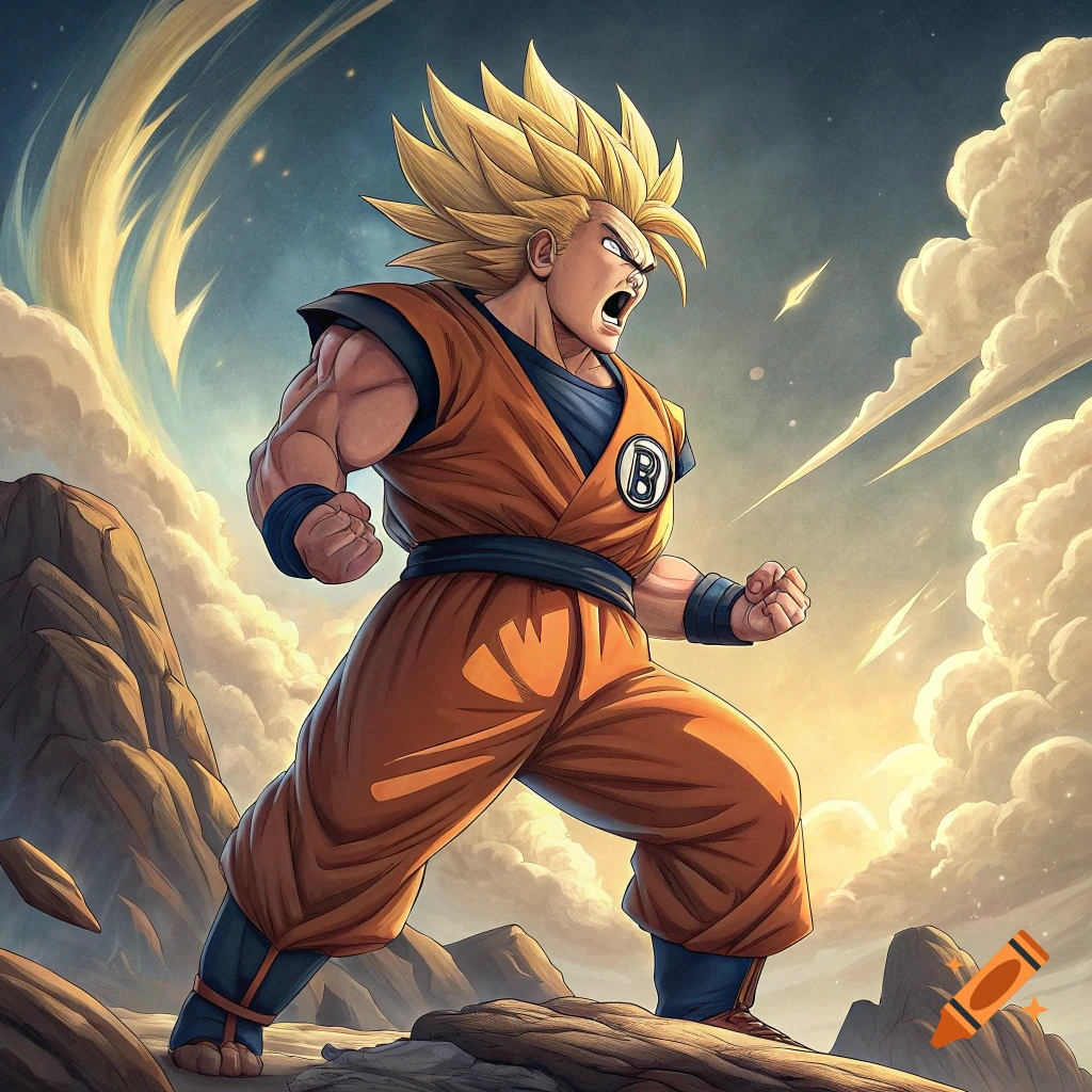 Anime style illustration of a muscular character with spiky blonde hair, wearing an orange and blue gi with a 'B' emblem, standing on rocks with clouds and sky in the background.