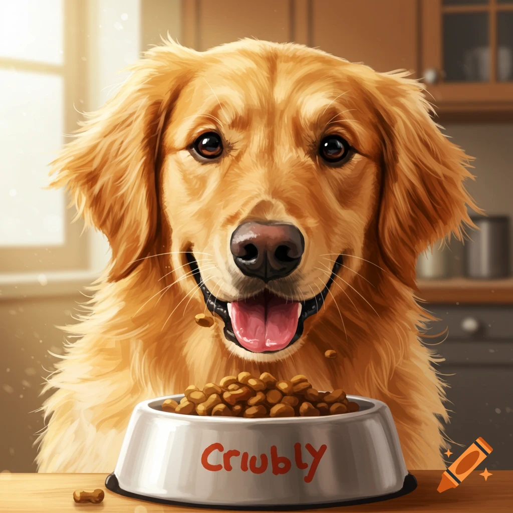 A golden retriever looks happily at a bowl of dog food.