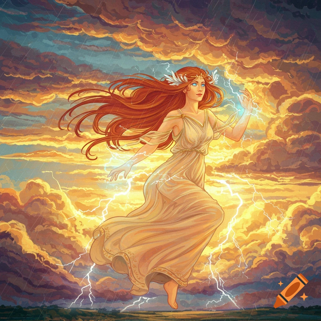 A goddess with long red hair and a flowing white dress floats among dramatic storm clouds and lightning.