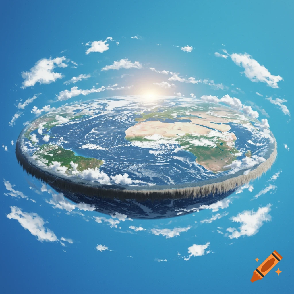 A flat, disc-shaped Earth floats in space with clouds and sunlight.