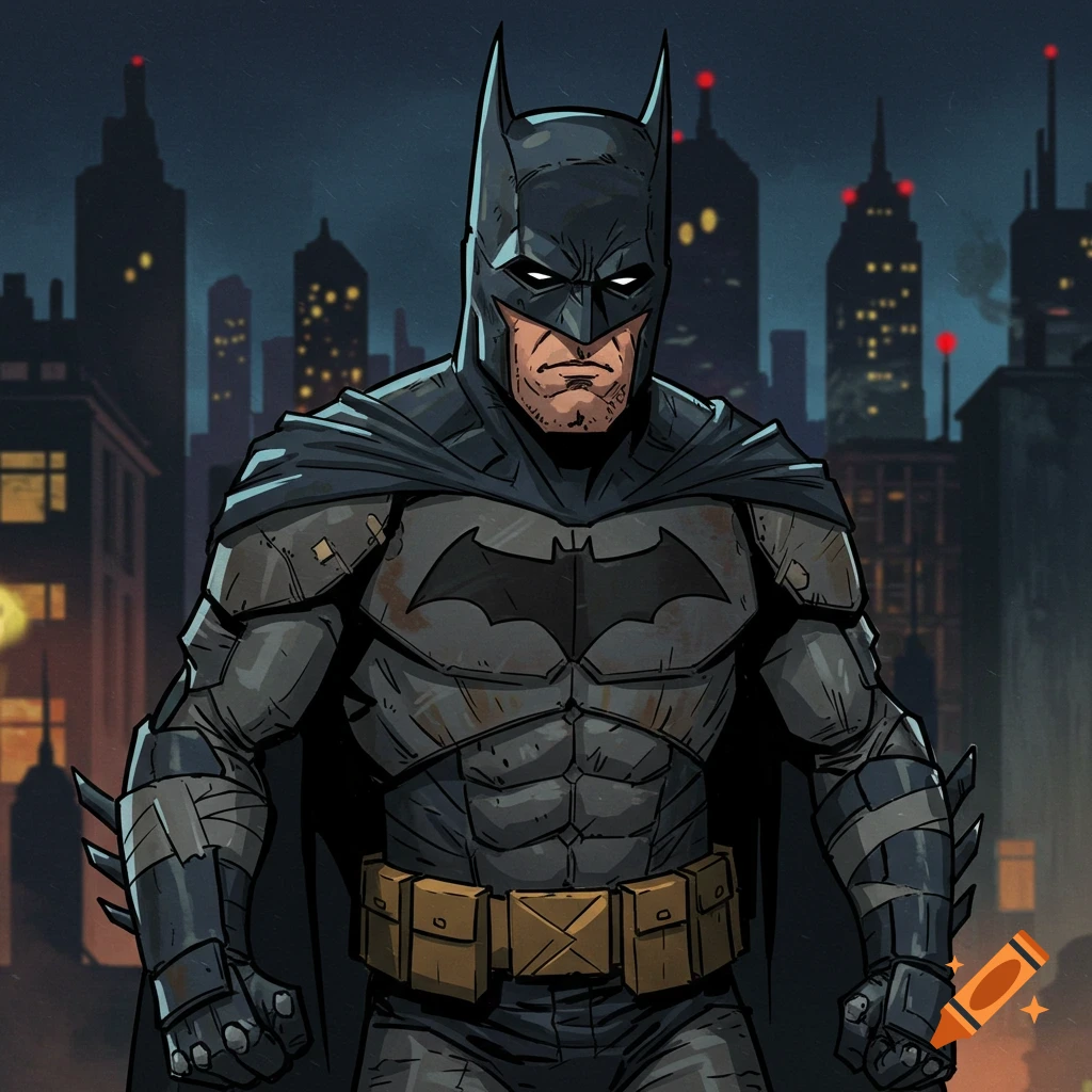 Image of Batman in a worn costume standing before a city skyline at night