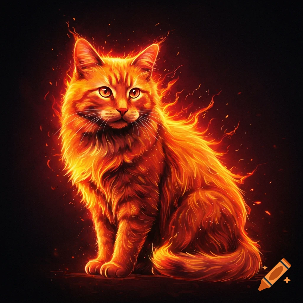 An orange cat made of fire sitting down.