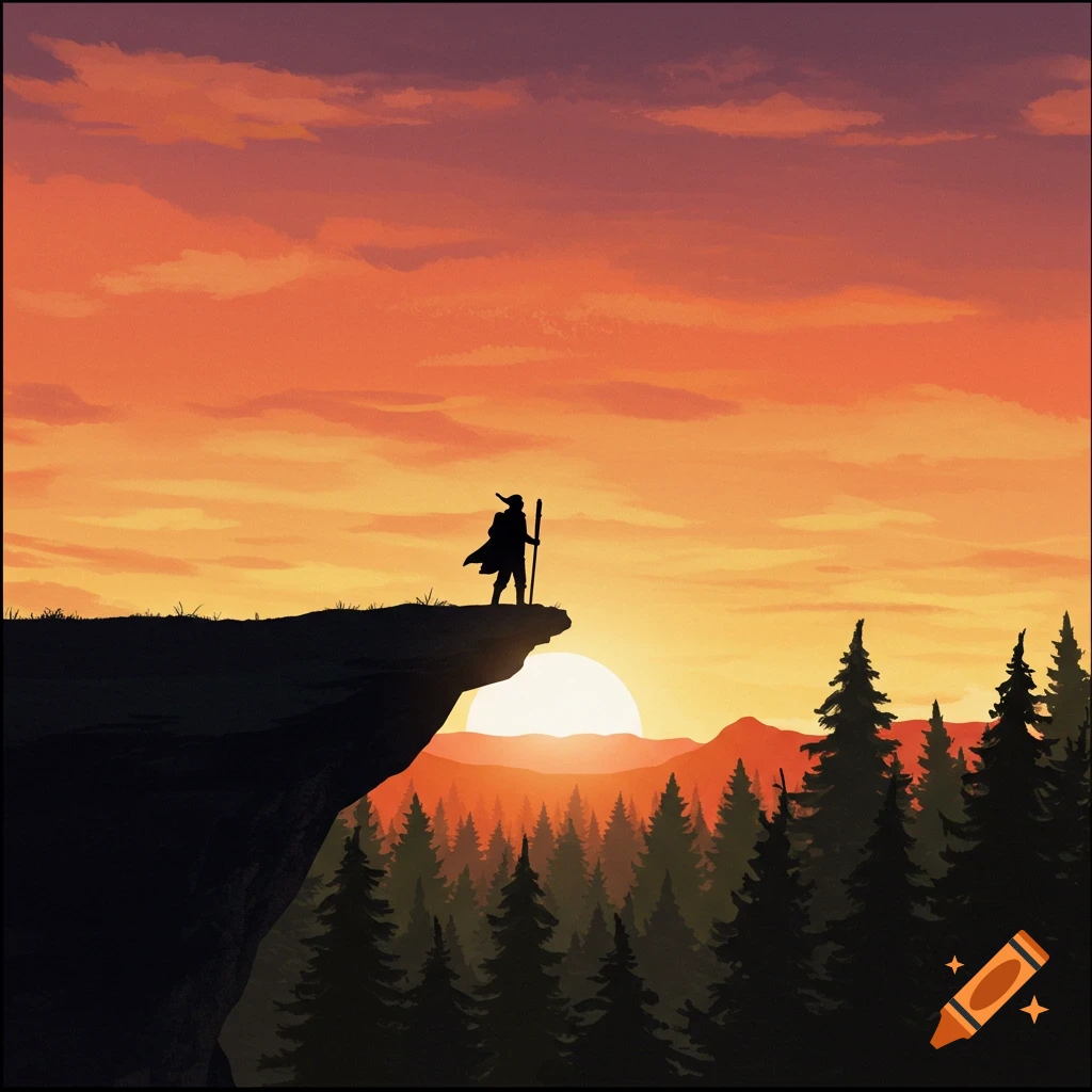 Silhouette of a figure on a cliff overlooking a sunset and forest.