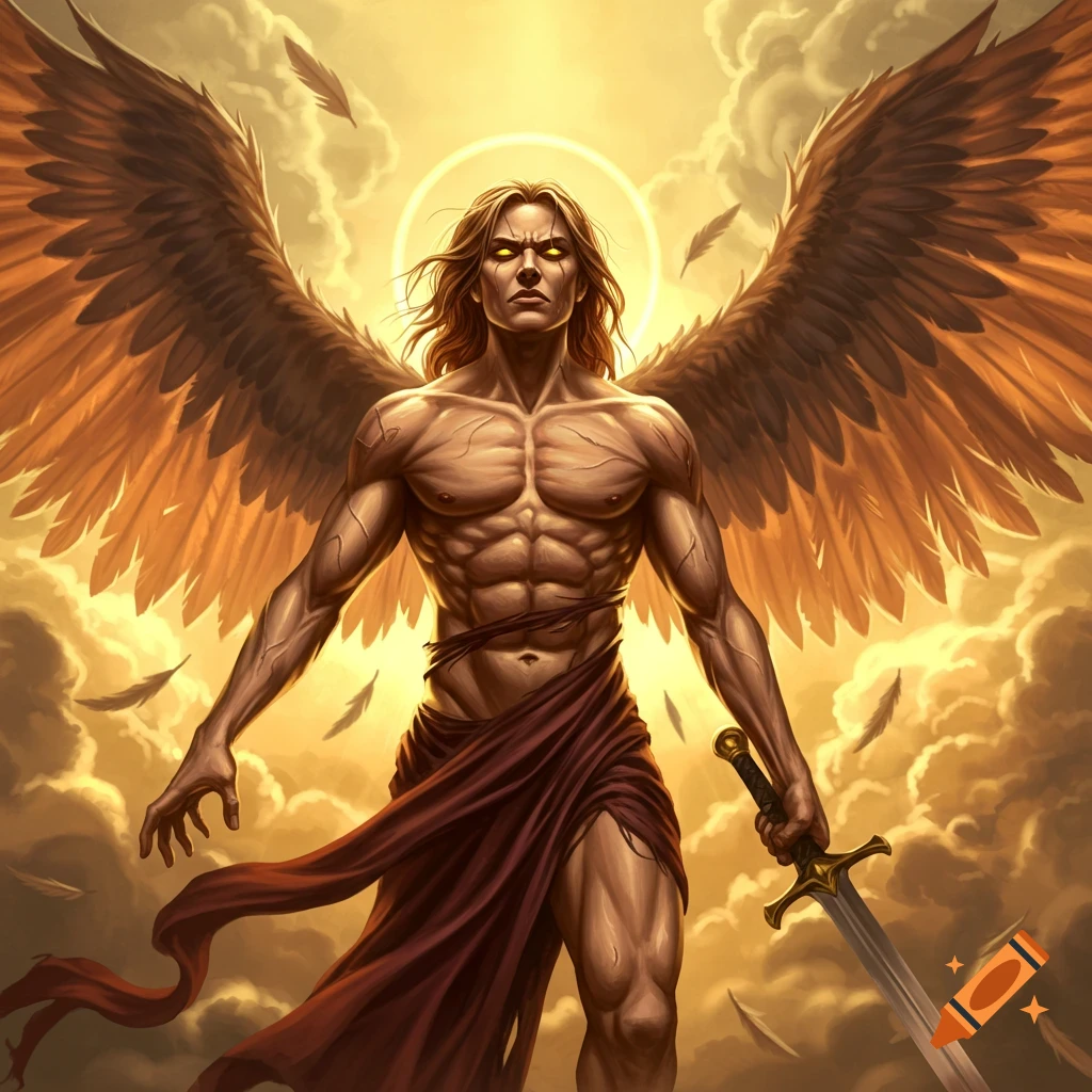 A muscular angel with large wings and a sword standing in clouds.