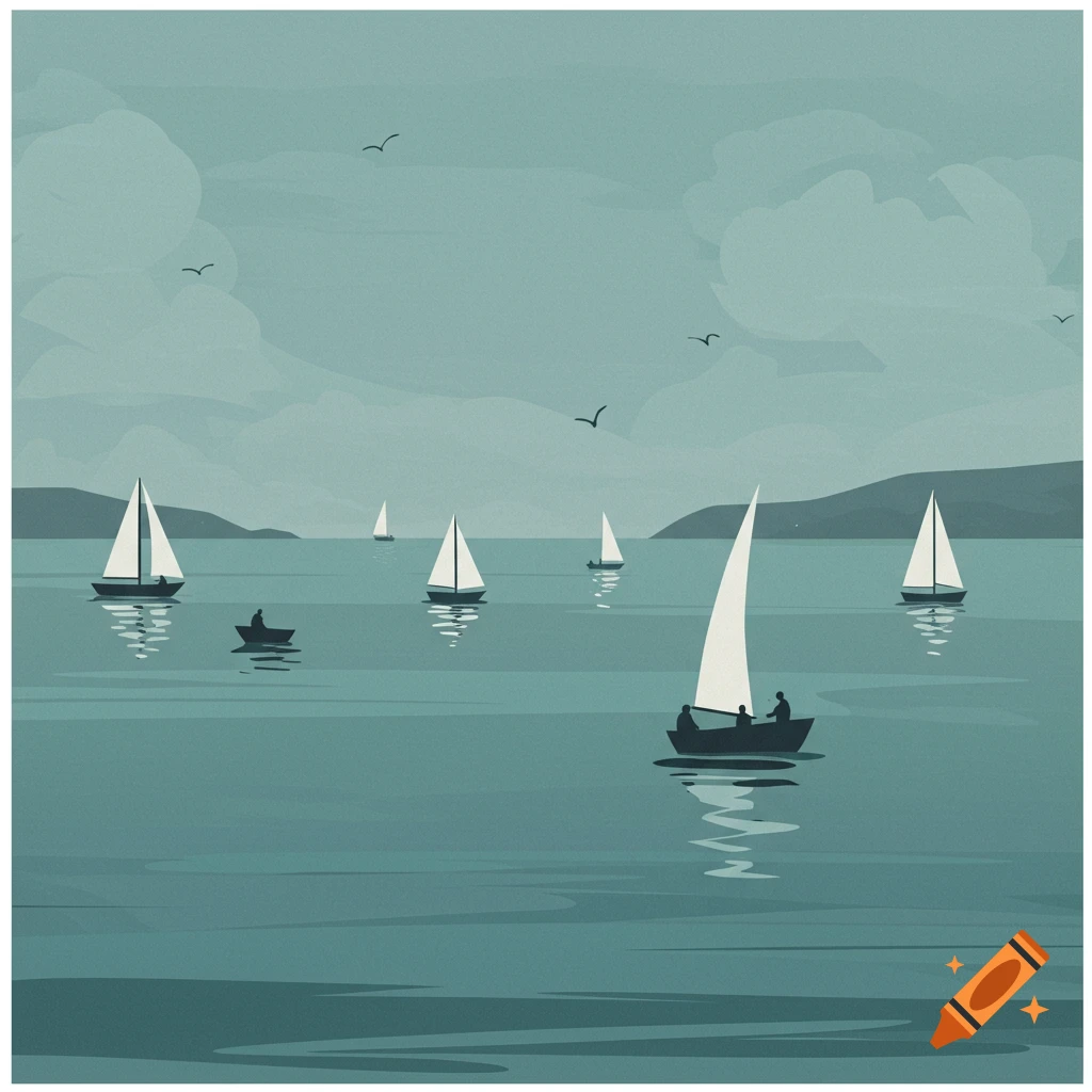 Minimalist sailboats on calm water with hills in the background.