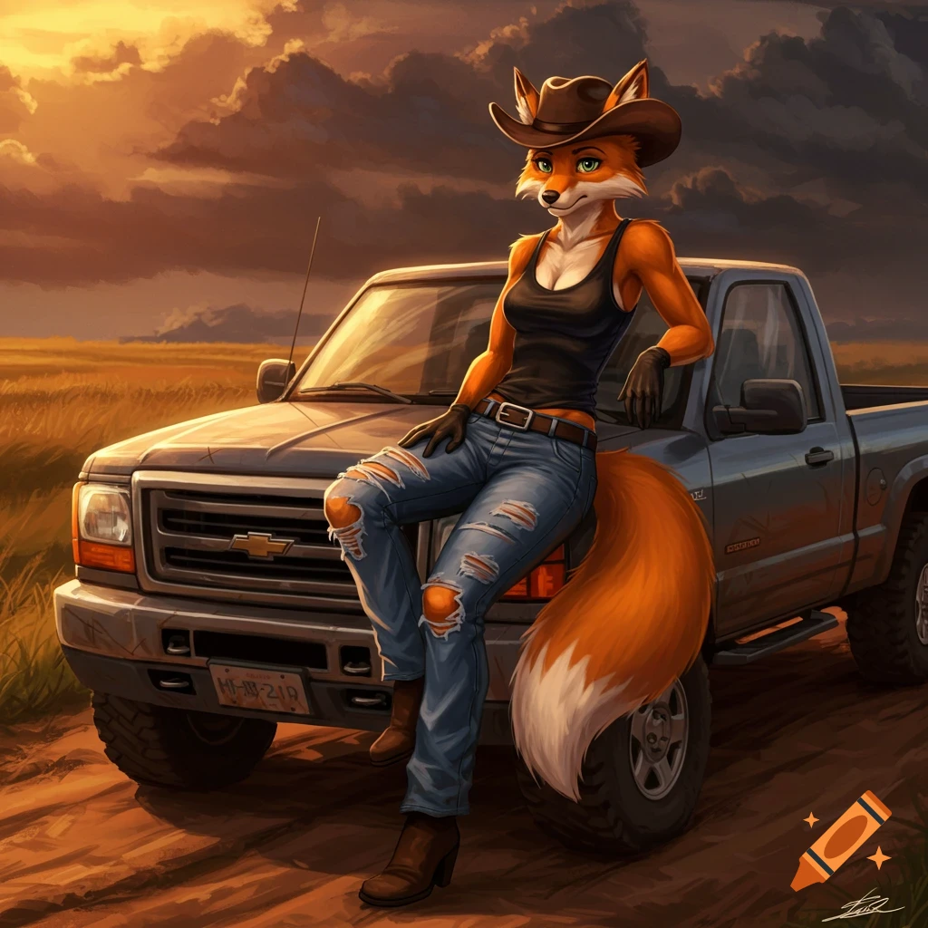 Anthro female fox in cowboy hat, tank top, and ripped jeans leans on a pickup truck on a dirt road at sunset.