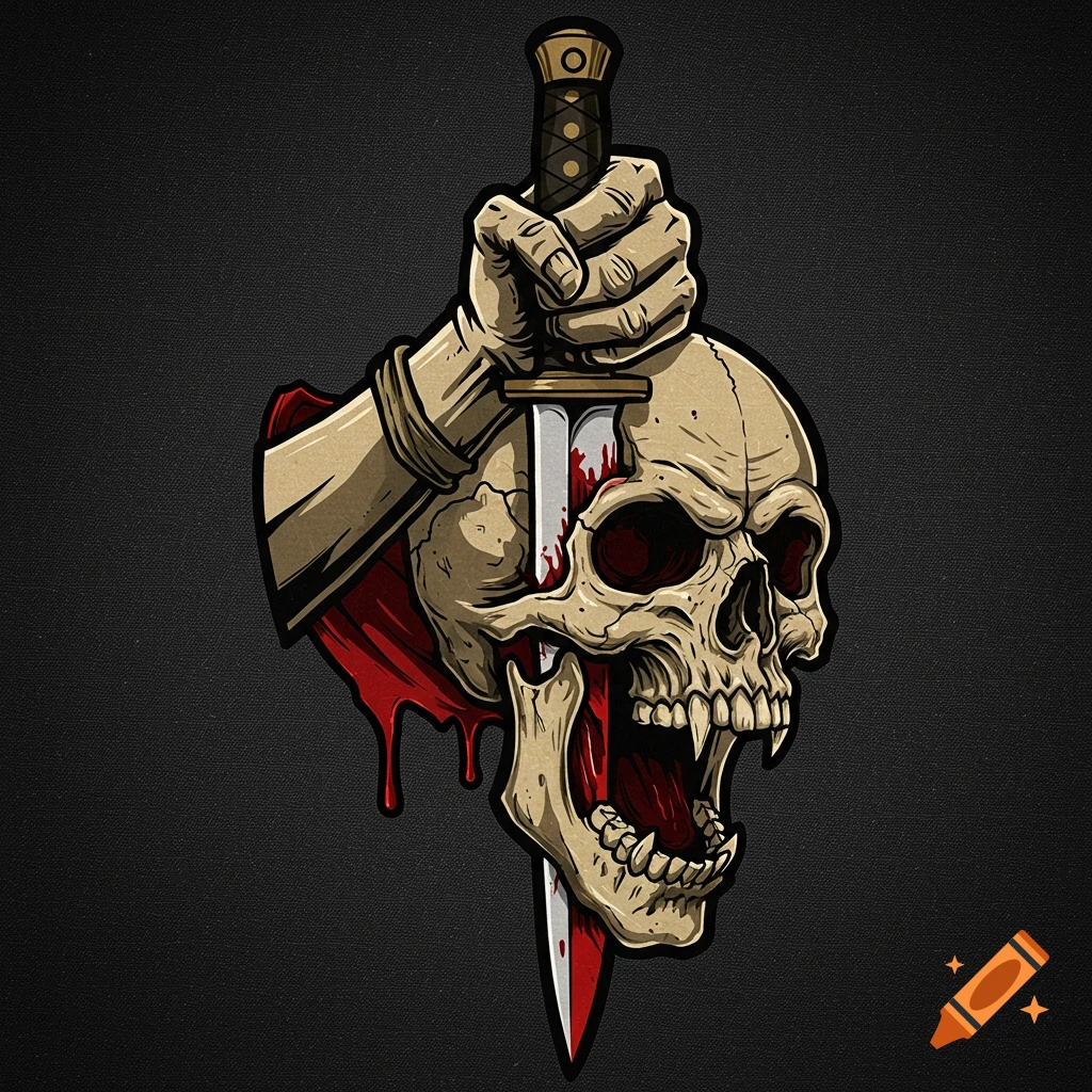 Stylized illustration of a hand stabbing a dagger into a screaming skull with blood.