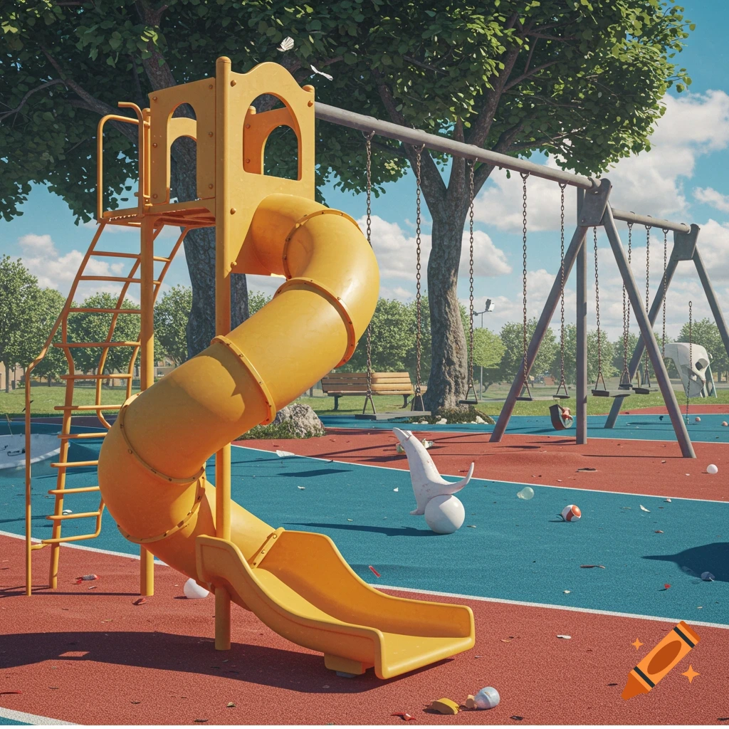 A deserted playground with a warped slide, swings, and strange objects creating a surreal scene.
