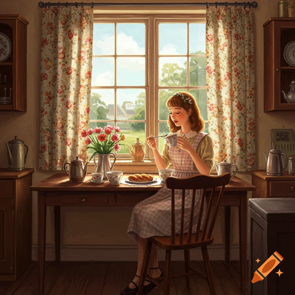 Young woman eats breakfast in a cozy kitchen by a sunlit window with floral curtains, in a storybook illustration style.