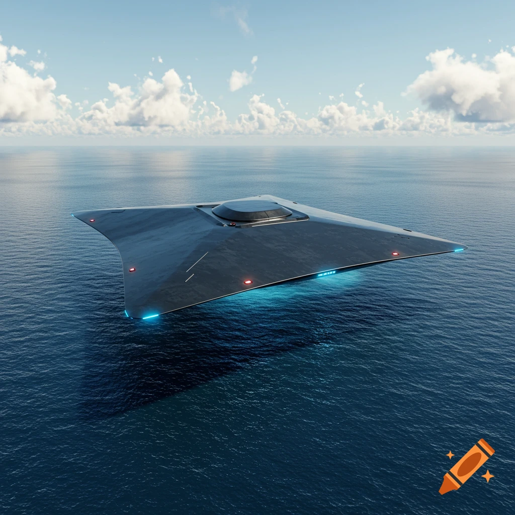 Realistic photo of a dark triangular UFO hovering over an ocean under a cloudy sky.