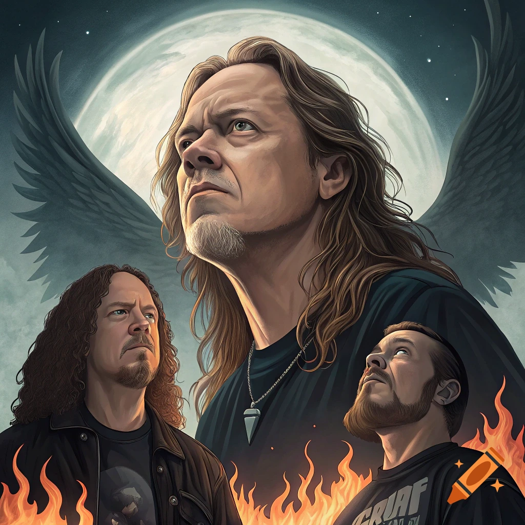 Stylized illustration of four long-haired men in a dark fantasy scene with wings, moon, and fire.