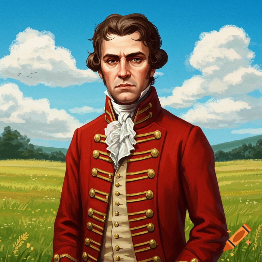 A man in a red coat standing in a grassy field.