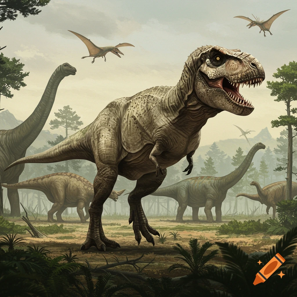 A Tyrannosaurus Rex with other dinosaurs and pterodactyls in a prehistoric forest landscape.