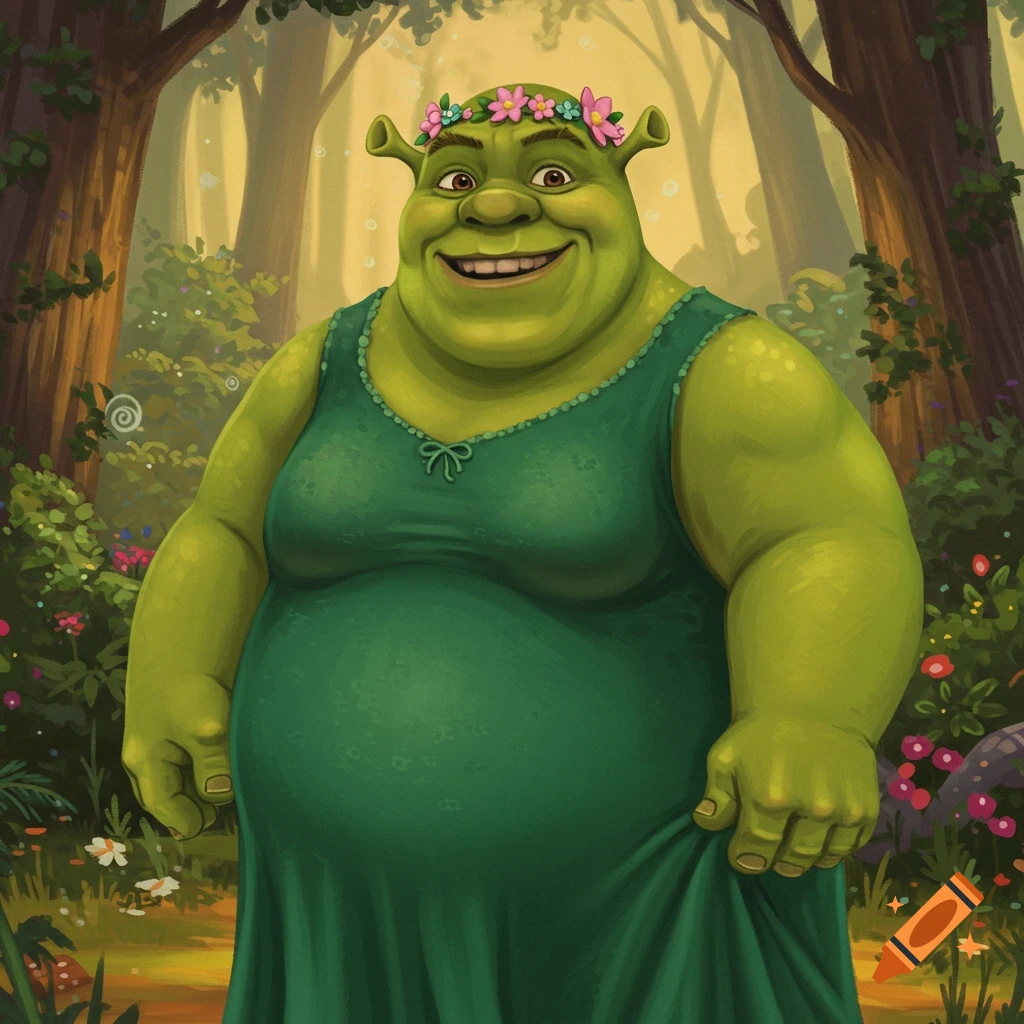 Shrek in a green dress and floral crown standing in a forest. on Craiyon