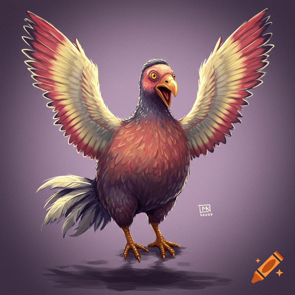 A stylized dodo-like bird with wings spread.