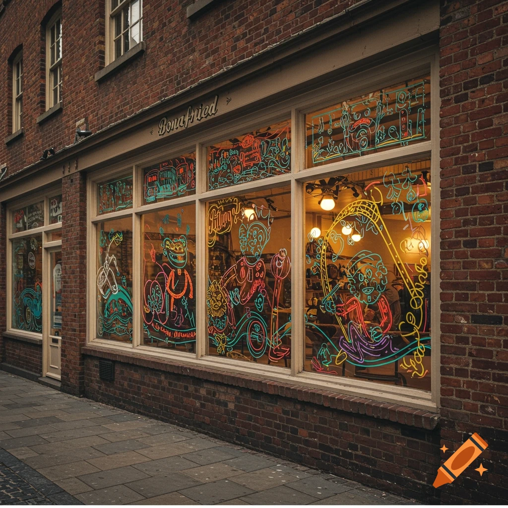 A brick building storefront with windows displaying colorful, retro-style line drawings.