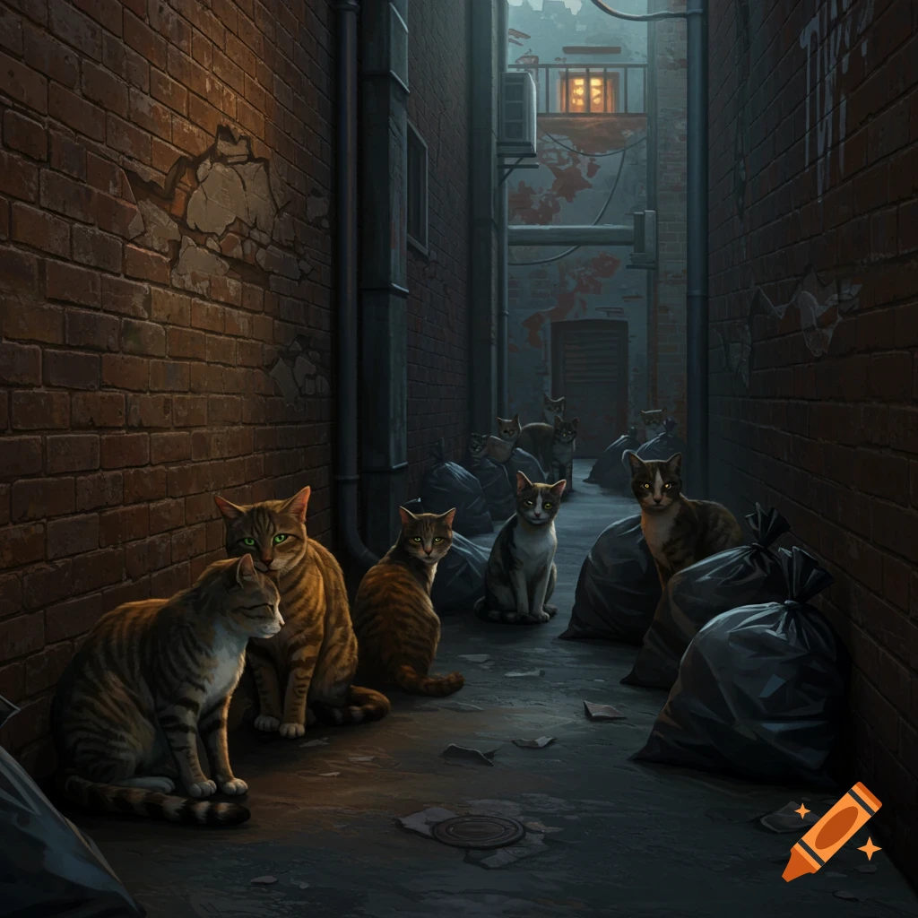 A group of cats in a dark, trash-filled alleyway.