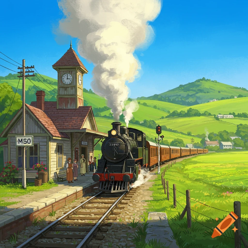 A train arriving at a rural station in a green, hilly landscape.