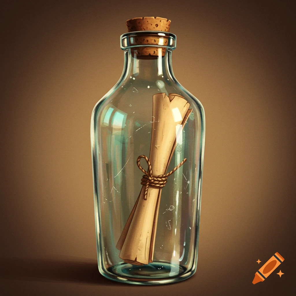 A rolled scroll tied with string inside a clear glass bottle with a cork.