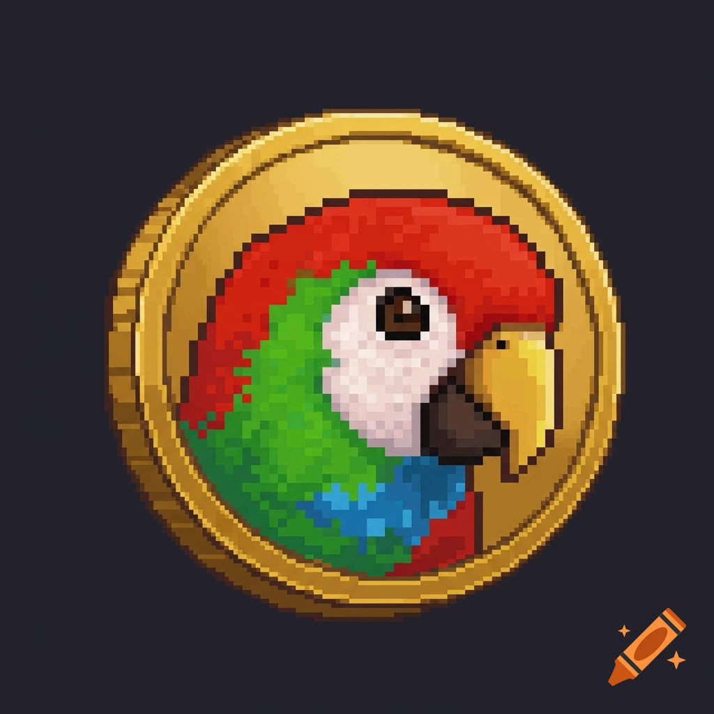 Pixel art illustration of a parrot's head on a gold coin.