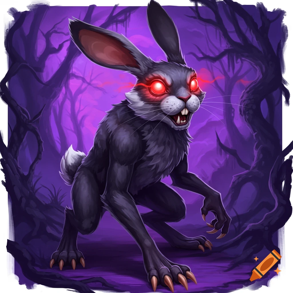 A monstrous black rabbit with glowing red eyes and sharp claws crouches in a dark, purple forest.