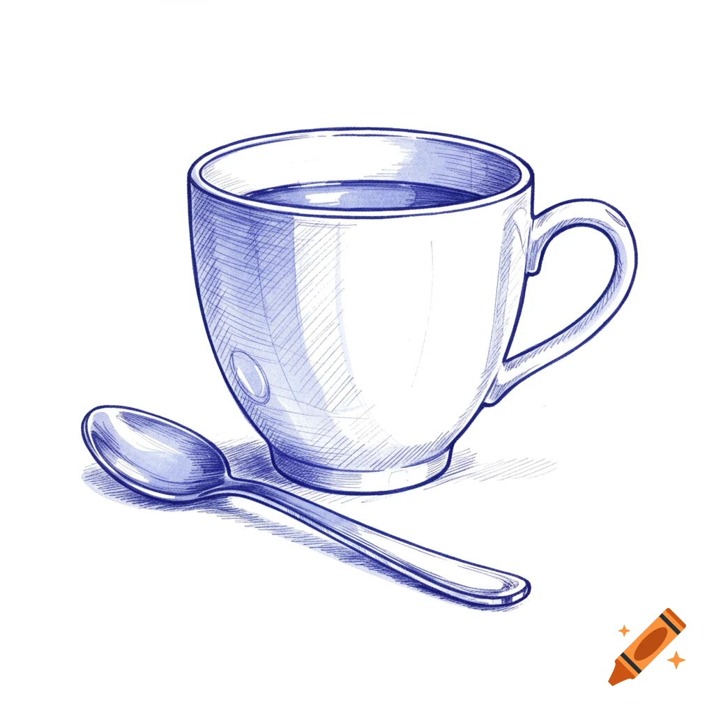 A blue ink sketch of a porcelain coffee cup and spoon.