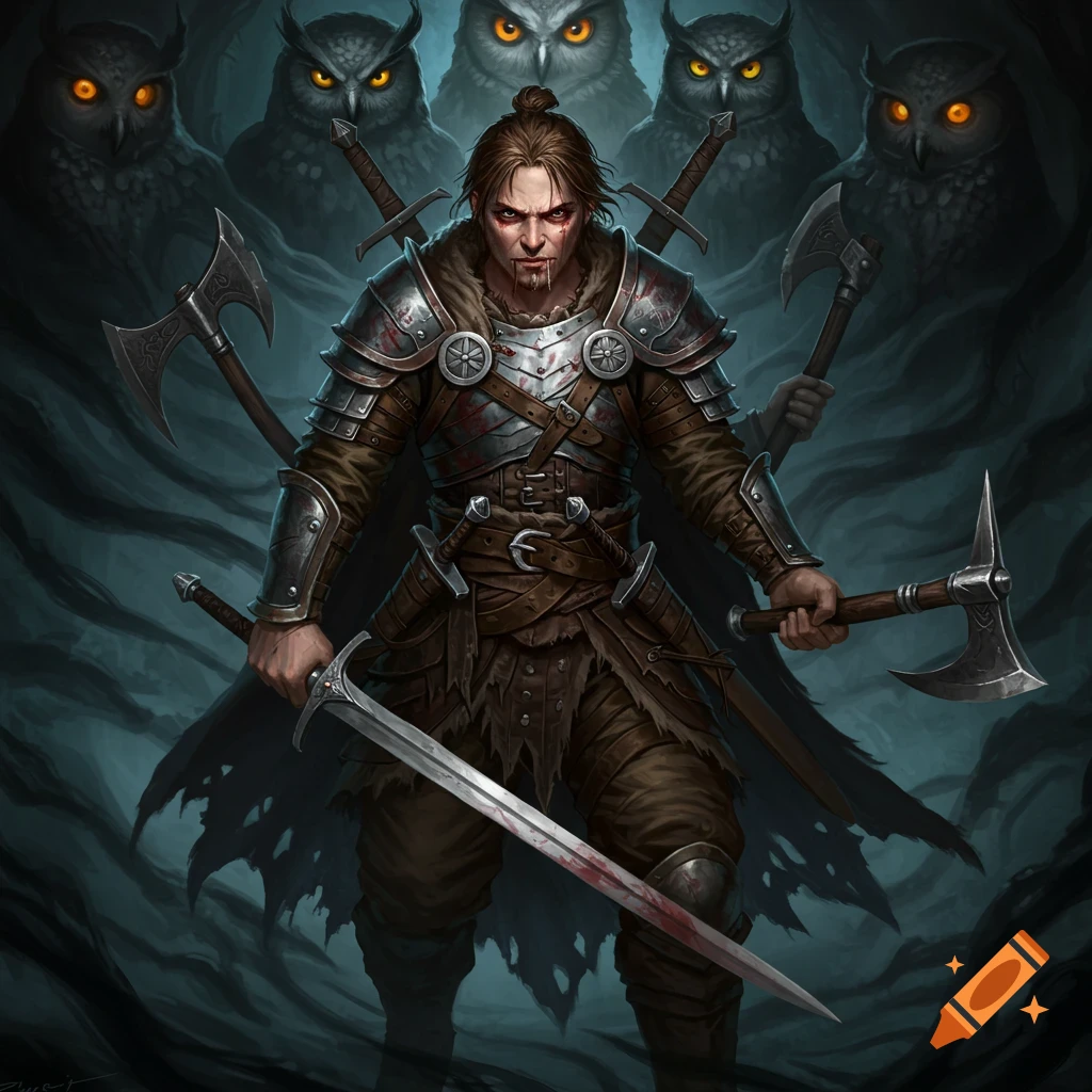 A warrior with blood spatter, holding a sword and axe, surrounded by shadowy owls, in a dark fantasy setting.