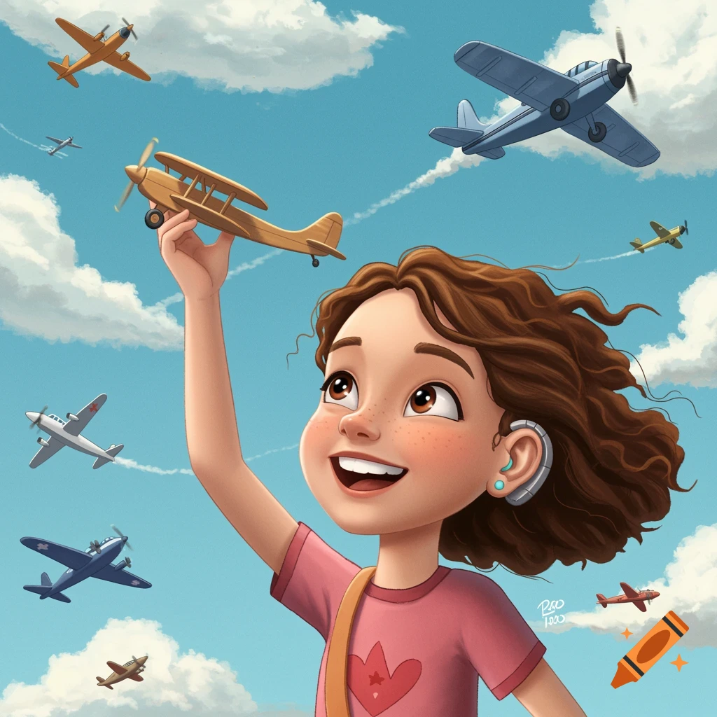 Illustration of a smiling girl holding a toy airplane aloft among other airplanes in a bright sky.