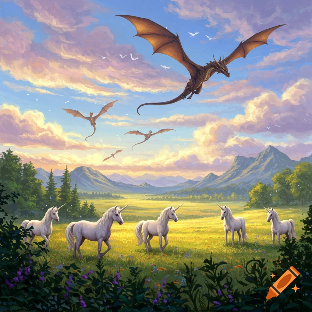 Dragons flying over a field with unicorns and mountains at sunset