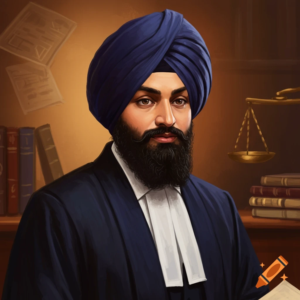 A Sikh lawyer wearing a robe and turban is in a courtroom setting with books and scales of justice.