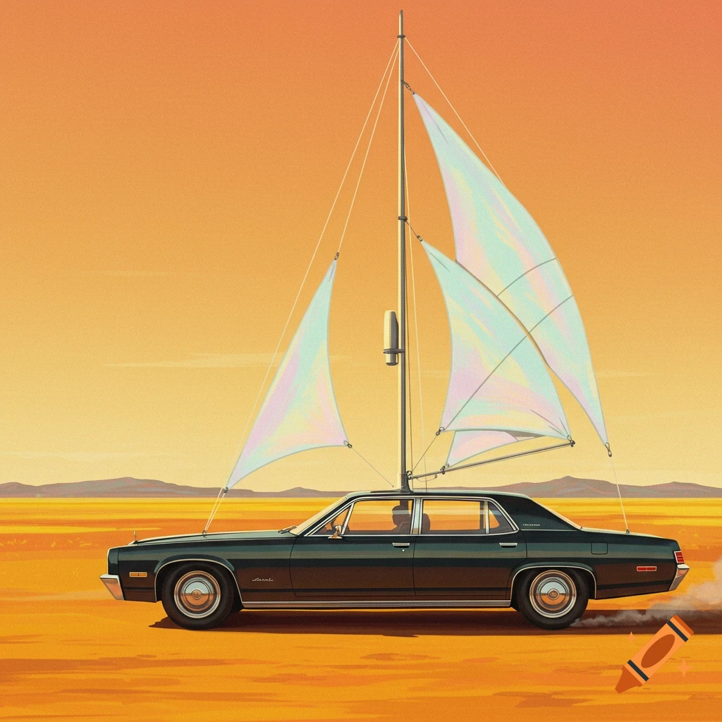 A luxury car with sails like a yacht drives through an orange desert landscape at sunset.