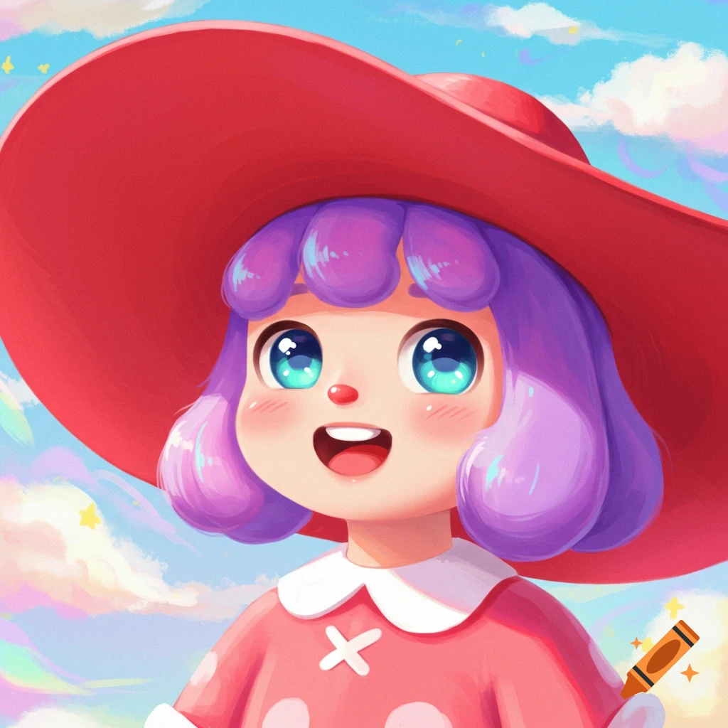 A cute cartoon girl with purple hair and a red hat smiling under a colorful sky.