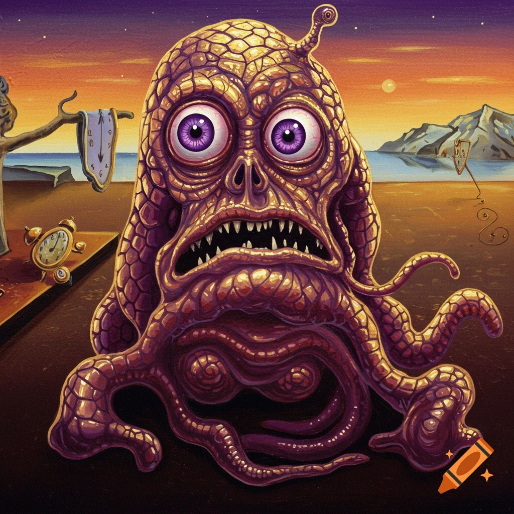 Surrealist painting of a purple and gold monster with tentacles and large eyes in a desert landscape with melting clocks.
