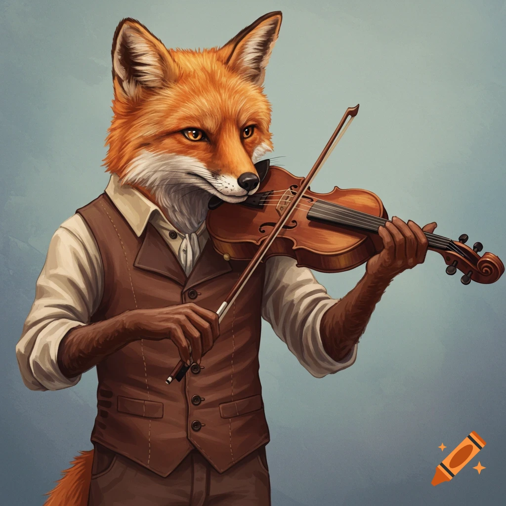 An anthropomorphic fox in a waistcoat playing the violin.