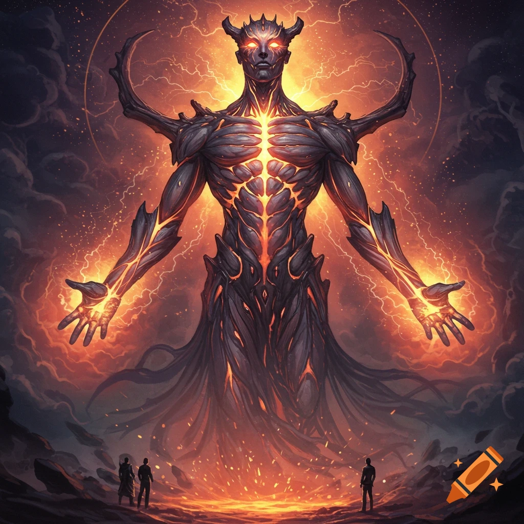 A colossal fiery creature with glowing veins and eyes looms over small figures in a stormy landscape.