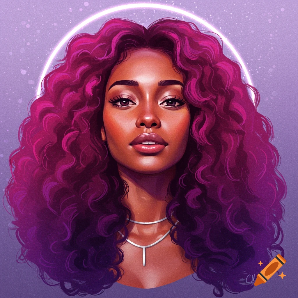 A Black woman with purple curly hair and a glowing halo effect.