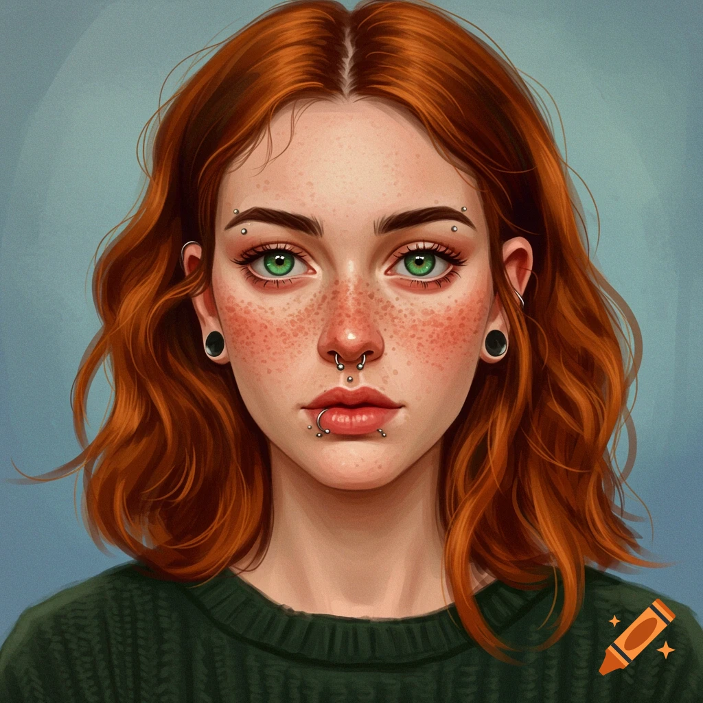 A portrait of a woman with red hair, green eyes, freckles, and facial piercings.