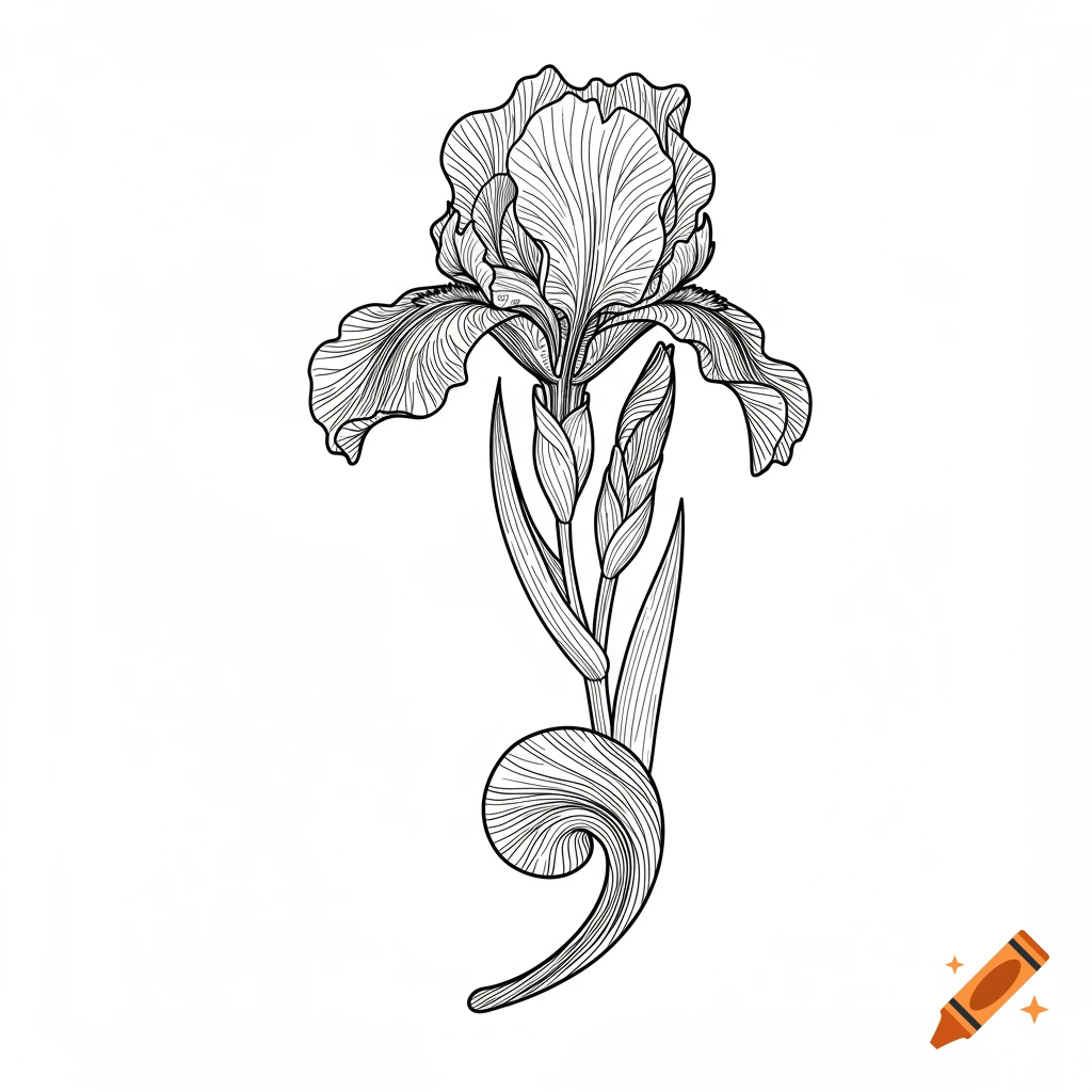 Black and white line drawing of an iris flower forming a semicolon at the base.