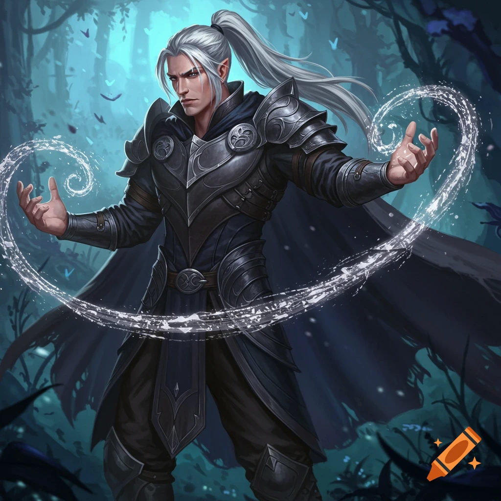 A male fantasy character in dark armor with silver hair casts swirling magic in a forest.